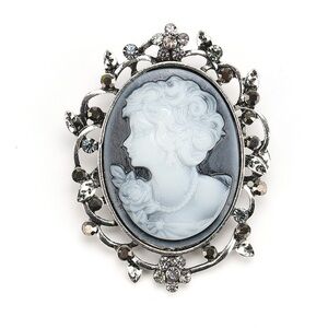 Vintage Style Victorian Lady Cameo Oval Blue Gray Brooch Silver Tone Floral
